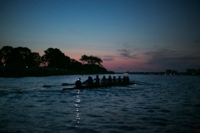 A group of girls from the Detroit Boat Club participate in rowing practice off the coast of Belle Isle in the River on August 1, 2017.